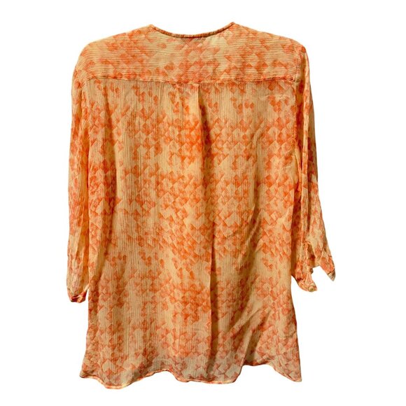 Cabi Womens Button-Down Silk Sheer Blouse Sz M Orange & Cream Geometric Print - Picture 12 of 12